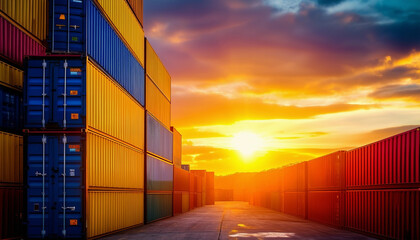 Fototapeta premium A vibrant image of stacked shipping containers in various bright colors yellow, blue, red 