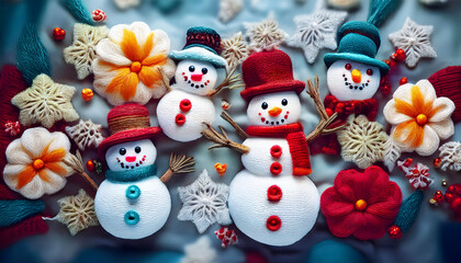 Fototapeta premium embroidery, schneemänner, schneemann, gruppe, hintergrund, neu, close up, weihnachten, winter, stickerei, strick, süss, schnee, urlaub, schnee, mann, copy space, blumen, blau, weiß, rot, farbe, ad, 3d