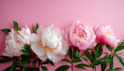 A composition of soft, white and pink peony flowers arranged along the edge of a pink background
