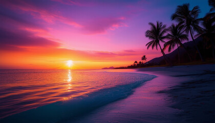  A picturesque scene of a tropical beach at sunset, with tall palm trees silhouetted against a sky 