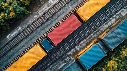 Obraz premium Aerial view of freight containers in red, yellow, and blue on train tracks, illustrating transportation and logistics.