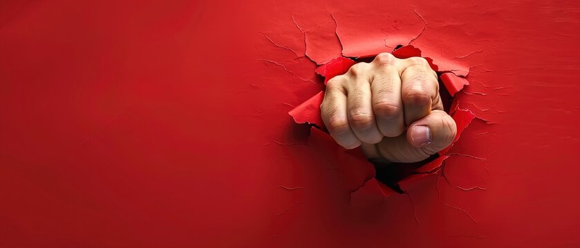fist punching through hole in red paper, concept of anger