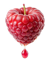 A red heart shaped fruit is hanging from a string, with a drop of blood coming out of it. The heart appears to be made of raspberries or cherries, and the juice dripping adds an eerie effect to the im