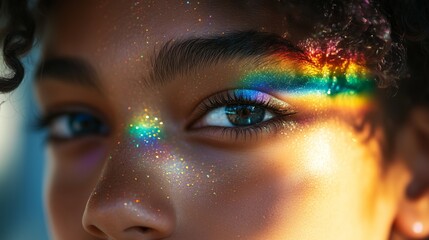 A determined face and vibrant LGBTQ flags symbolize strength, unity, and love in the community.