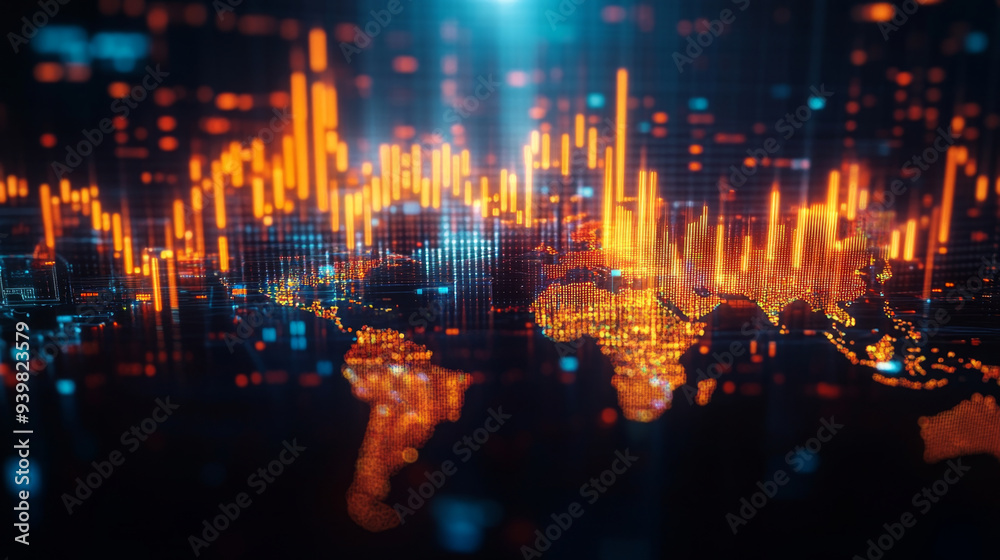 Wall mural A digital visualization of global financial data with growth charts, representing economic trends and market analysis across continents.