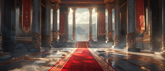 Red carpet leading to a king thrones inside of the palace castle