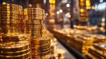 Golden coins stacked high in a manufacturing facility, representing wealth, financial production, and the concept of accumulating monetary assets.