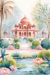 Mughal garden, arch, peacock, plant botanical landscape illustration. Mughal wallpaper illustration for wallpaper.
