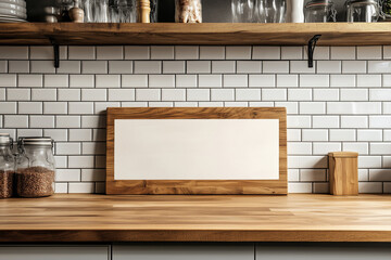 Fototapeta premium A rustic butcher shop countertop featuring a blank wooden board against a tiled backsplash