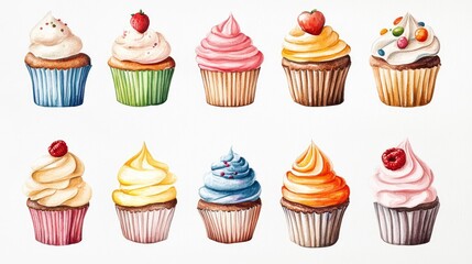 Cupcakes set. White background. Watercolor illustrations