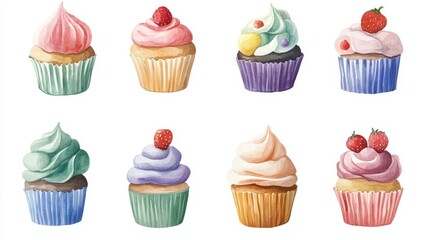 Cupcakes set. White background. Watercolor illustrations