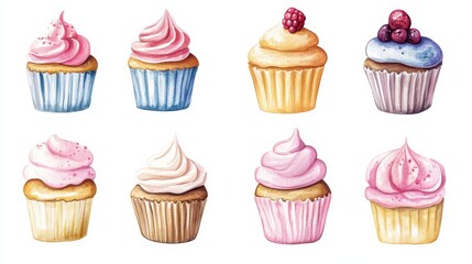 Cupcakes set. White background. Watercolor illustrations