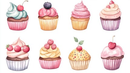 Cupcakes set. White background. Watercolor illustrations