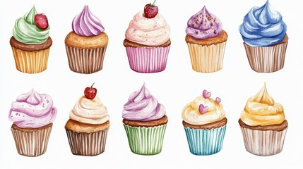 Cupcakes set. White background. Watercolor illustrations