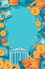 Fototapeta premium Digital illustration of financial elements with money, gadgets, and documents