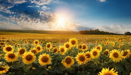 Fototapeta premium Meadow full of beautiful sunflowers, the sun in the background, blue sky