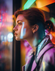 Fototapeta premium A close-up profile of a woman standing next to a reflective window in a bustling city