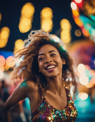 Fototapeta premium A colorful image of a young woman at a nighttime carnival, surrounded by bright lights and vibrant
