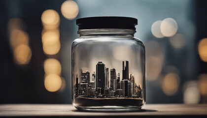 A detailed cityscape with tall buildings and bustling streets is encapsulated inside a small,