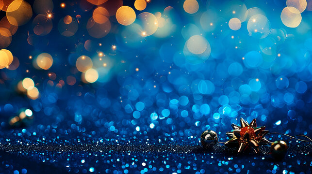 Blue holiday background with Christmas toys stars and shine glitter. New year design