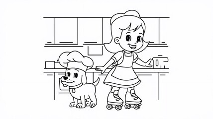 Fototapeta premium Outline page of a cartoon girl on roller skates with a dog coloring page. Coloring book for children Simple black lines, high quality.