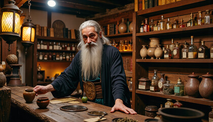 Wise Elder in Medieval Traditional Apothecary Surrounded by Vintage Medicine Bottles
