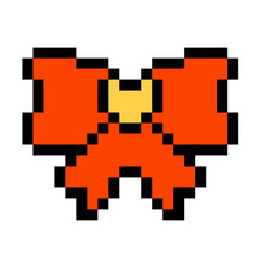 Contemporary red bowknot with yellow heart in the centre. Pixel art vector icon. Vintage 8-bit texture. Hair braiding accessory. Game design icon. Old style. 90s video game style.