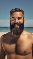 A bearded man smiles blissfully as he enjoys the refreshing ocean breeze and warm sunshine, capturing the essence of relaxation and happiness.