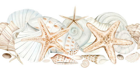Seamless border of beige sea shells, zed and pebbles watercolor illustration on blue background. Hand drawn ocean clams clipart for marine and seaside designs in monochrome pastel colors