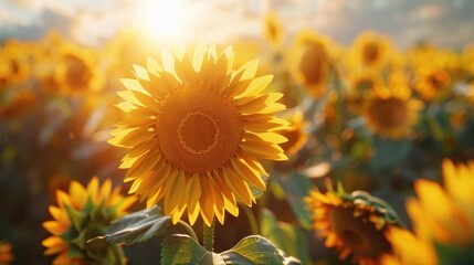 Fototapeta premium A sunflower field in a summer garden with bright yellow petals facing the sun.