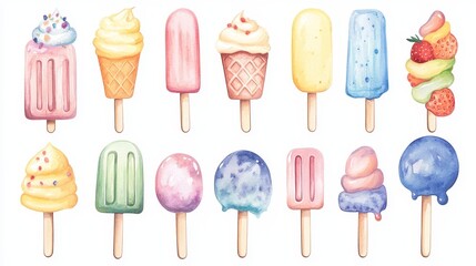 Ice cream set. White background. Watercolor illustrations