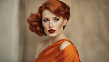 A striking portrait of a woman with perfectly styled, voluminous red hair, reminiscent of vintage