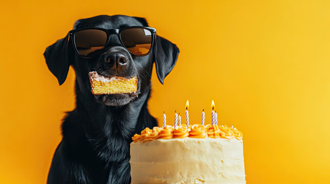Black Labrador Retriever dog wearing sunglasses with a birthday cake with candles. Copyspace