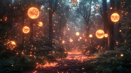 Mystical forest with sparkling orbs ideal for magical and imaginative fantasy wallpaper themes