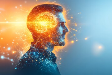 Dual Profile of a Man with Glowing Brain Highlighting Cognitive Innovation the Power of Thought and Human Intelligence