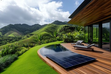 A serene landscape with a solar-powered home, surrounded by nature, emphasizing the harmony between energy savings and the environment