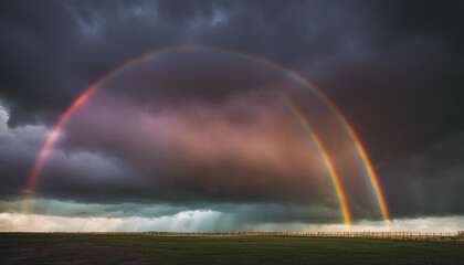  image shows a striking neon rainbow cutting through a dark, cloudy sky. The rainbow is vivid
