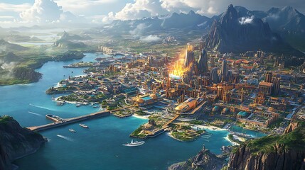 Fototapeta premium Scenic Coastal City with Modern Urban Skyline and Vibrant Waterfront Views