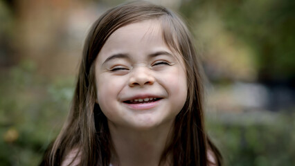 Fototapeta premium Radiant Laughter of a Young Girl with Down Syndrome, Eyes Squeezed Shut in Pure Joy During an Outdoor Moment