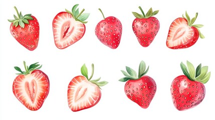 Strawberry set. White background. Watercolor illustrations