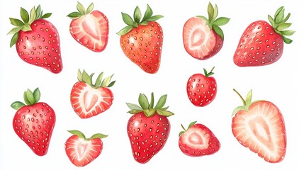 Strawberry set. White background. Watercolor illustrations