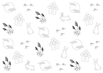 お月見の線画のパターンイラスト_黒
