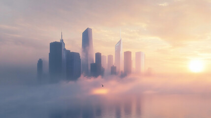 Fototapeta premium A city skyline emerging from the fog as the sun begins to rise