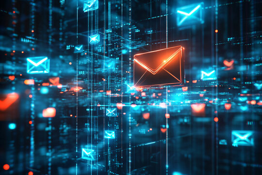 Bright blue email icons float in dark matrix-like digital space representing data exchange futuristic communication concept