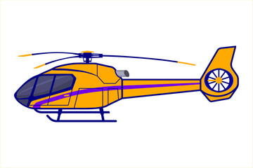 Helicopter in cartoon design. Passenger helicopter flying in the sky, side view. Travel concept. Toy helicopter yellow color. Vector illustration in flat style.