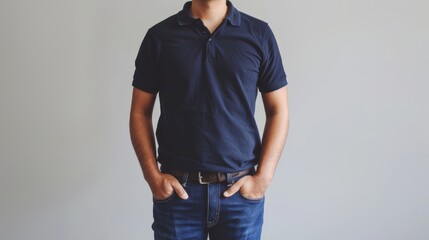 Man in Blue Polo Shirt, Hands in Pockets, Close-Up, Casual Style, Mockup, polo shirt, mockup