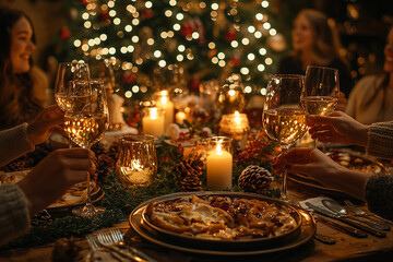 A warm and festive Christmas Eve dinner scene with a family gathered around the table, toasting to the holiday.