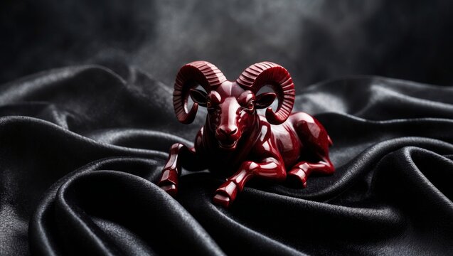 A beautifully crafted ram figure lies on soft black fabric, highlighting its unique design