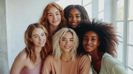 Obraz premium A diverse group of women celebrates beauty and empowerment in a bright, inviting studio.
