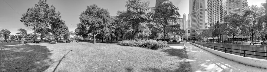 Chicago, IL - July 25, 2024: Panoramic view of Chicago skyline from Lakefront Park